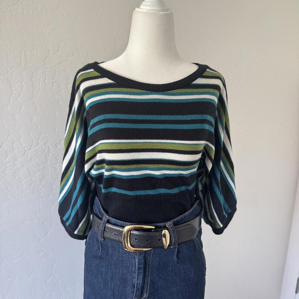 Vintage y2k green & blue striped blouse with ribbed waist and oversized sleeves